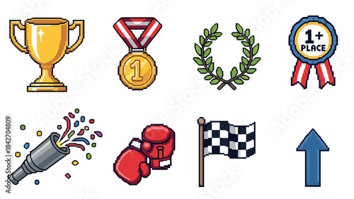 Pixel art achievement icons set: trophies, medals, and awards for winners