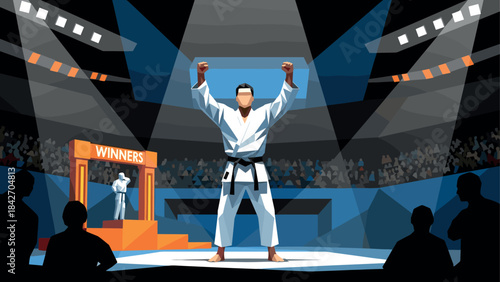 Champion karateka celebrates victory in dynamic arena atmosphere with bright spotlight