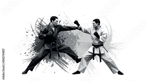 Dynamic martial arts duel with geometric splatter background
