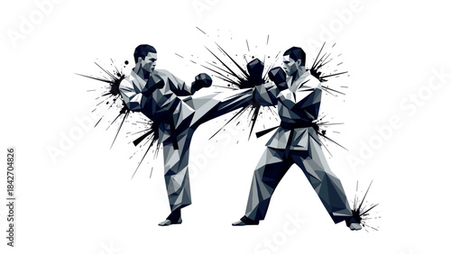 Polygonal martial arts fighters in dynamic combat pose with splatter effect