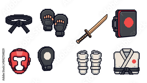 Pixel art martial arts equipment set with karate, boxing, and kendo gear