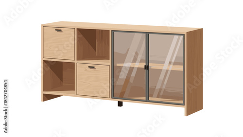 Modern wooden cabinet with glass doors and drawers on