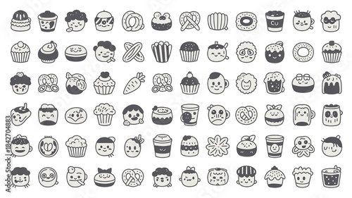 Collection of cute doodle food and face icons hand-drawn vector illustrations for creative design projects isolated on white background