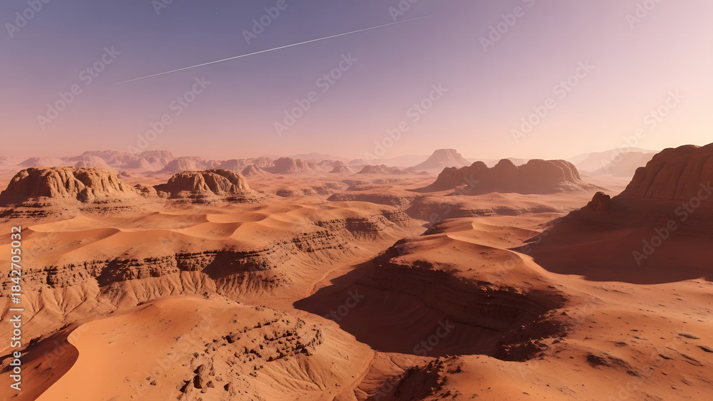 Fototapeta premium Red planet landscape and terrain in Mars with airplane trace