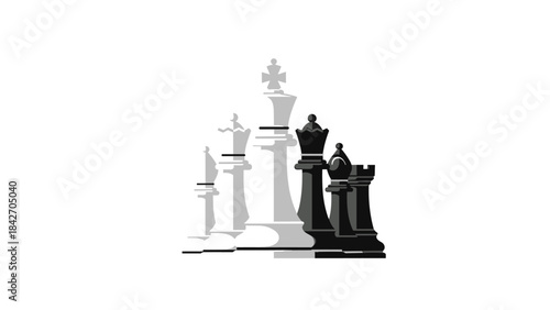 A group of chess pieces on a, including king, queen, rook, bishop, knight, and pawn in black and white