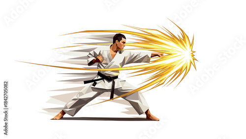 Dynamic martial artist delivering a powerful energy punch in action pose
