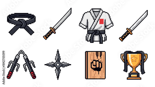 Pixel art martial arts set: weapons, black belt, and trophy icons