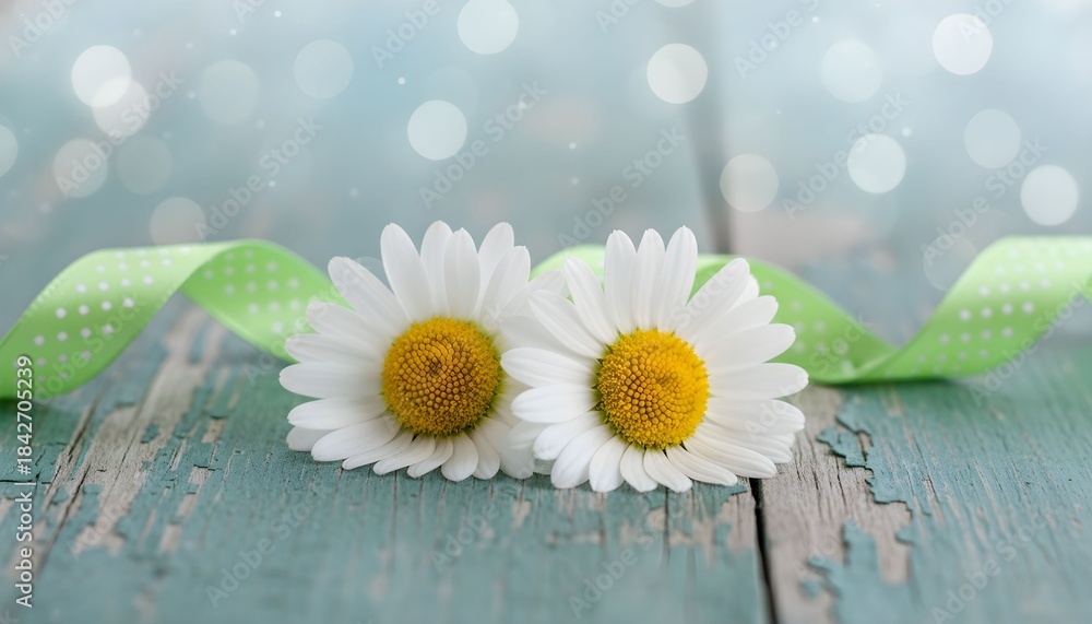 Obraz premium Pure Innocence: Two delicate daisies rest upon a weathered, teal surface, intertwined with a vibrant green ribbon, evoking a sense of purity and natural beauty.