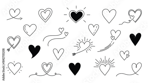 Set of hand drawn doodle hearts with arrows and sparkles, various styles, black outline and solid fill