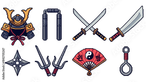 Pixel art martial arts elements with samurai armor and traditional weapons collection