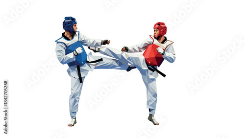 Low poly martial arts contest featuring two fighters kicking in dynamic stance