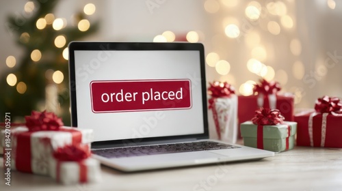 Close-up view of a laptop showing order placed message with festive gifts in cozy indoor setting