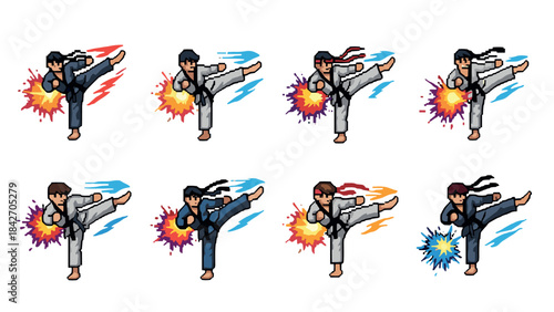 Pixel art martial arts fighters with action effects in various poses