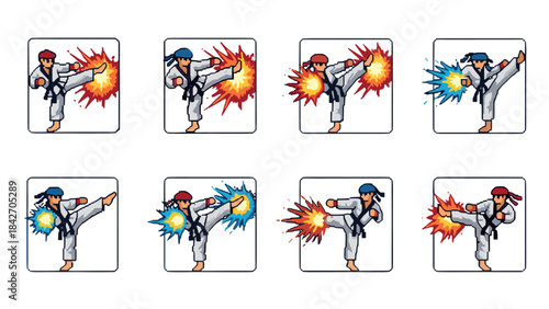Martial arts cartoon characters in dynamic action pose variations