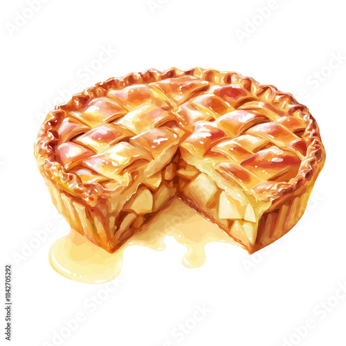 Isometric watercolor rendering of Apple Pie, isolated on a clean white background.