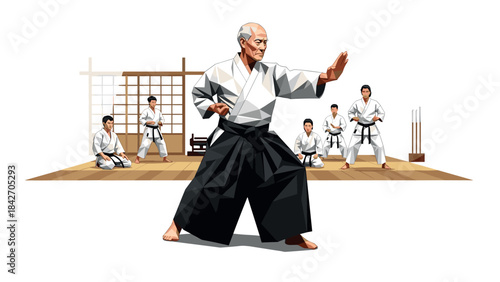 Martial arts class with elderly master and students on tatami mat in low poly style