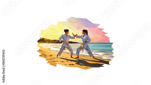 Polygonal martial arts practice on a beach at sunset