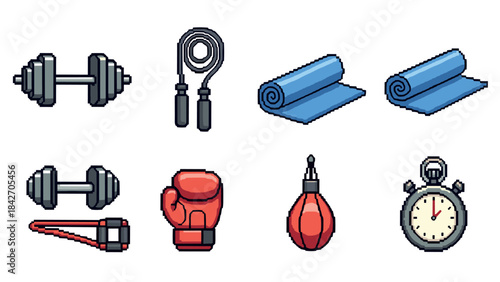 Colorful cartoon gym equipment set: dumbbells, jump rope, yoga mat, boxing gear, stopwatch