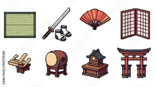 Pixel art japanese culture icons: sword, fan, temple, torii, drum, sandals, screen, tatami