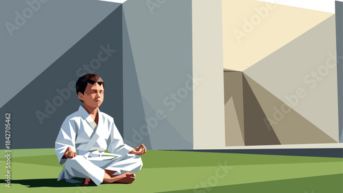 Boy meditating in martial arts attire outdoors in geometric style