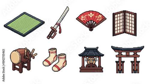 Pixel art japanese icons set featuring traditional cultural elements