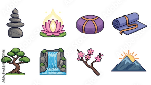 Pixel art wellness icons: meditation, nature, and relaxation elements