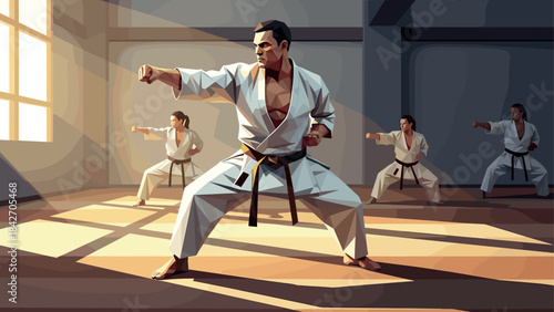 Dynamic karate training session with martial artists in action in geometric style dojo