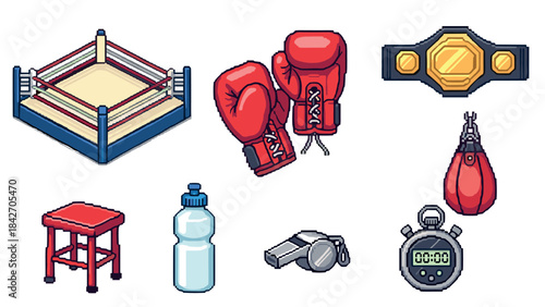 Pixel art boxing items set with gloves, ring, and timer icons