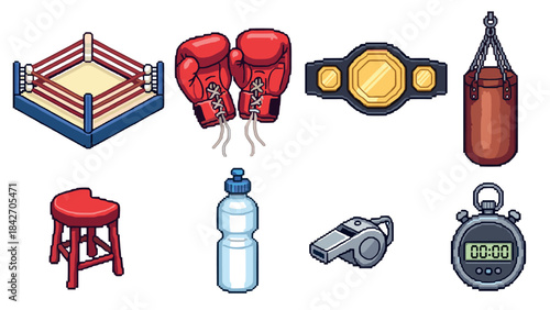 Pixel art boxing equipment set: gloves, ring, and accessories collection