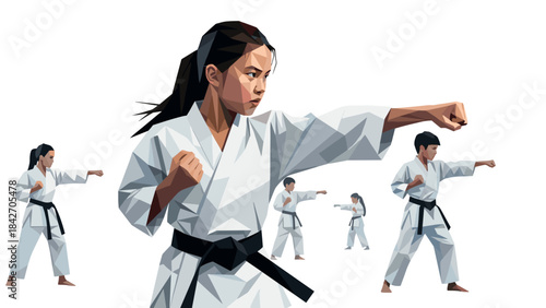 Martial arts training: young athletes practicing karate in low poly style