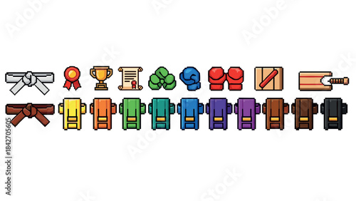 Martial arts achievement icons in pixel art style