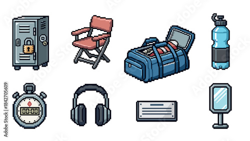 Pixel art gym equipment: icon set featuring locker, chair, bag, and more