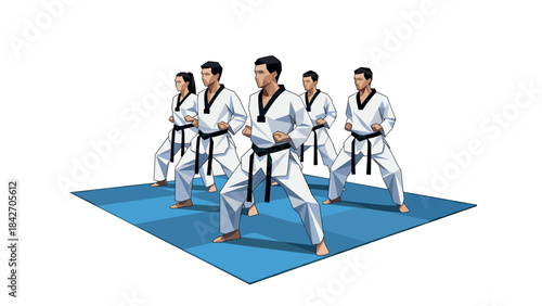 Group martial arts class in uniform performing karate stand on mat