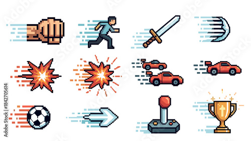 Pixel art icons: dynamic motion and action collection with retro gaming style