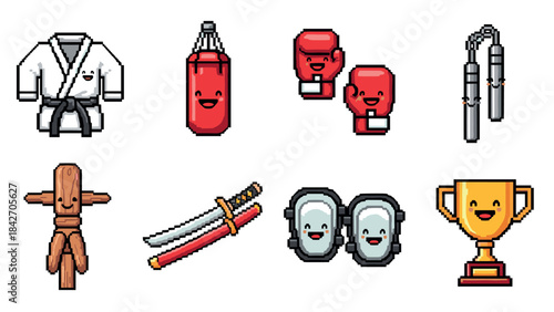 Pixel art martial arts icons: boxing, karate, nunchucks, trophy