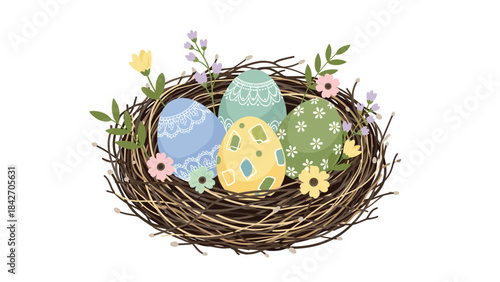 Colorful easter eggs in a nest with flowers