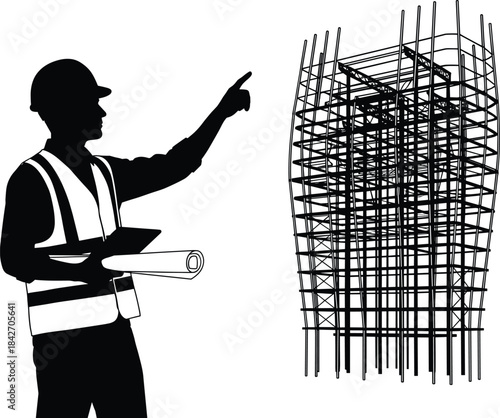 Silhouette of construction worker with blueprint and clipboard pointing at steel reinforcement grid, site supervision and planning design