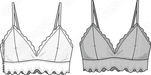 Lace-trim bralette fashion illustration showing technical garment details, sewing lines, scalloped edges, lingerie design template, and professional apparel construction sketch.