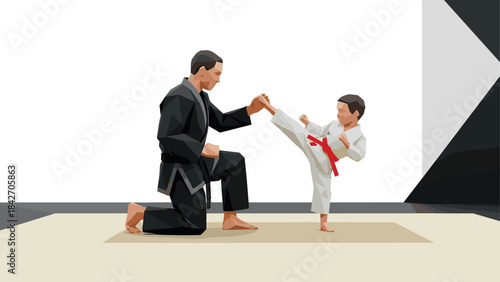 Father and son practicing martial arts in geometric design