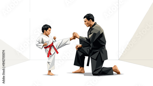 Father and son martial arts training in geometric style dojo scene