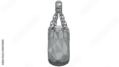 Geometric polygonal punching bag with chains in gray tones