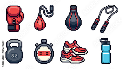 Pixel art gym equipment set: boxing gloves, jump rope, stopwatch, and kettlebell