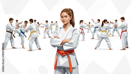 Martial arts class with confident female leader in polygonal style