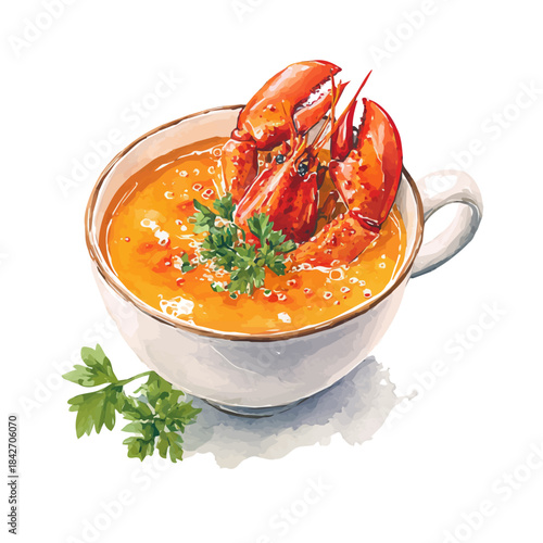 Artistic isometric watercolor image of Lobster Bisque, isolated on a white surface.