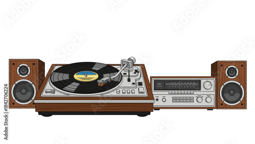 Retro styled vinyl record player with speakers and amplifier