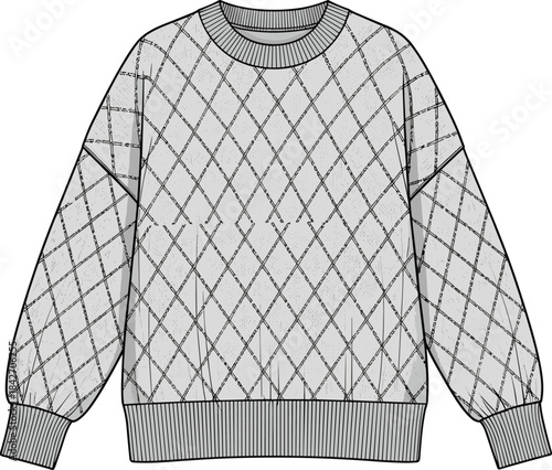 Oversized quilted sweatshirt fashion illustration featuring technical garment details, diamond pattern texture, ribbed trim, cozy casual style, and apparel design template.