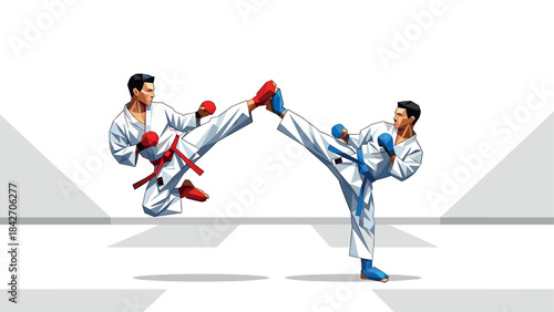 Dynamic martial arts sparring with geometric style and energetic movement