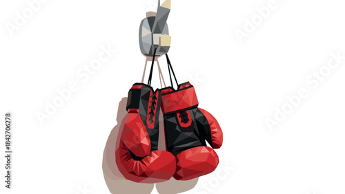 Low poly red boxing gloves hanging on wall hook against white background