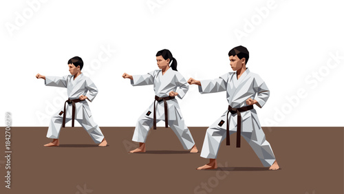 Karate practice with children in white uniforms performing martial arts moves