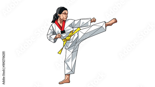 Polygonal martial artist practicing high kick in traditional uniform